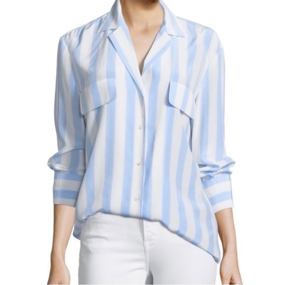 Frame Blue White Striped Silk Pocket Shirt Button Down
